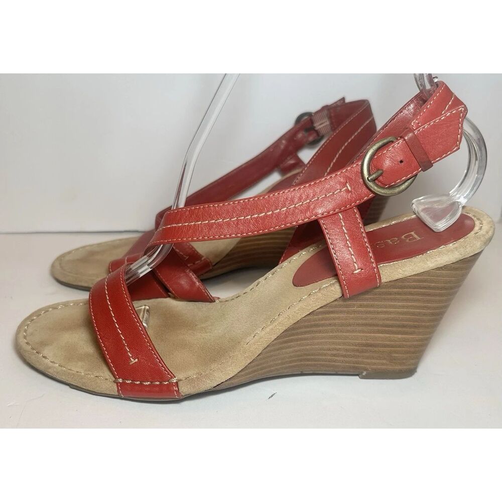 Bass Flex Strappy Sandals Women's 9M Wedge Brick Red "Flirty" Style Leather